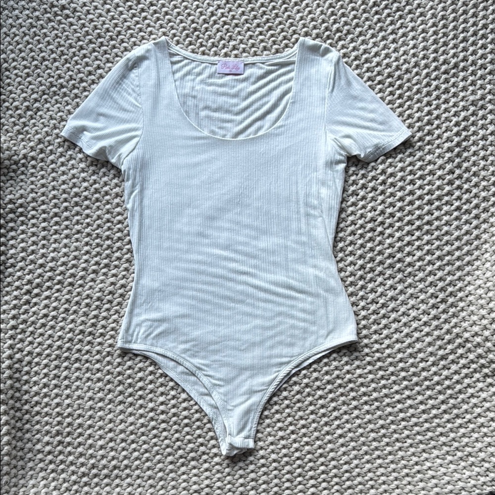 Pink Lily White Ribbed Bodysuit
